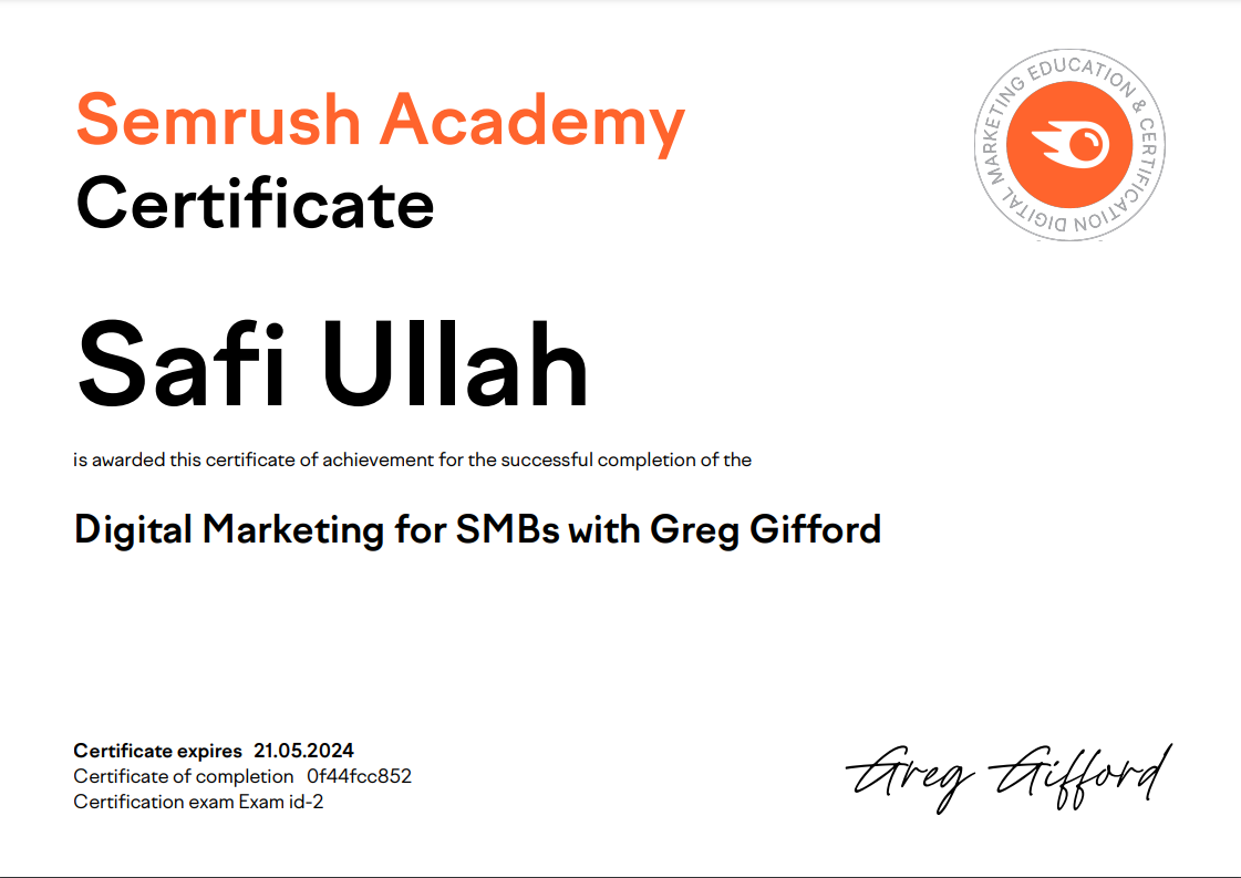 Semrush Digital Marketing Certificate Safi Ullah Safijamil