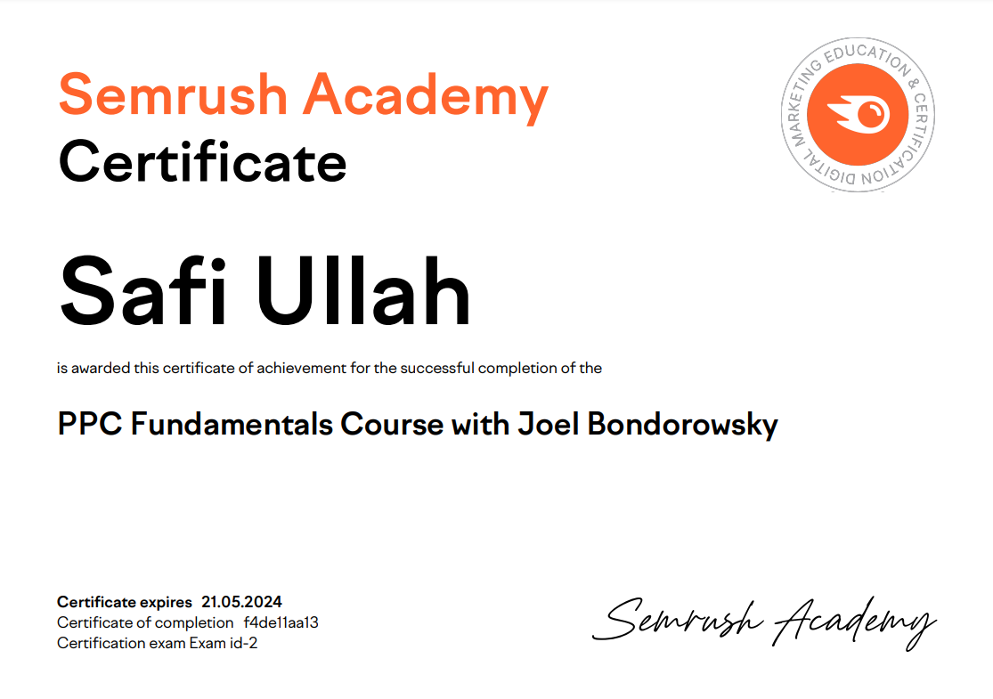 Semrush PPC Fundamentials Course Certificate Safi Ullah Safijamil